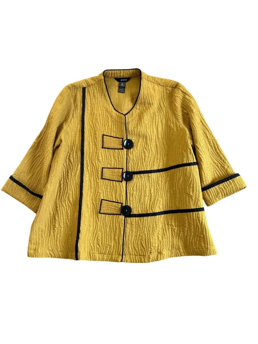 Ali Miles Women's Sz XL Mustard Textured Jacket With Black Trim & 3/4 Sleeves